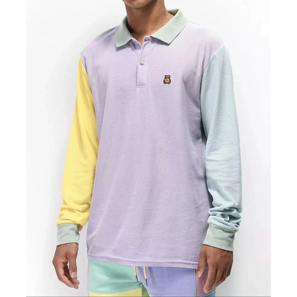 Teddy Fresh Pastel Colorblock Polo Shirt Bear Logo Long Sleeve Mens L Streetwear